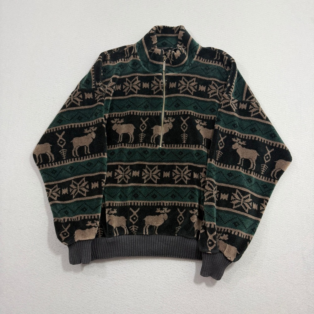 Vintage Norm Thompson Fleece Pullover XL Green Moose Fair Isle Quarter Zip USA